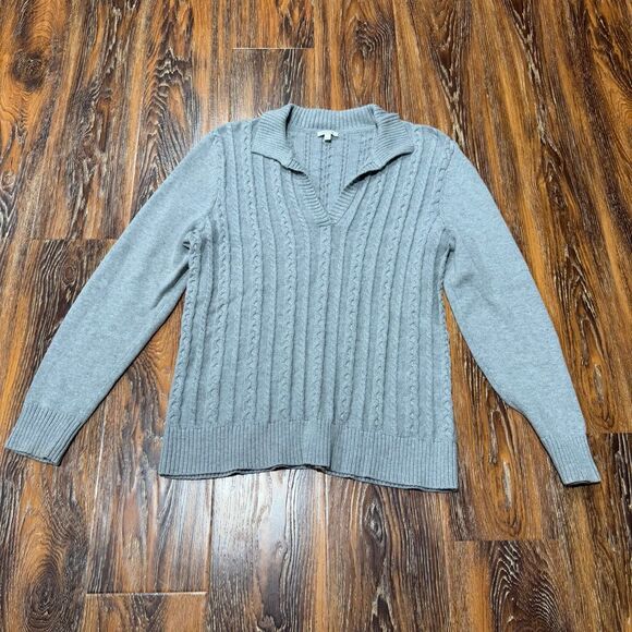 Womens L Cable‎ Knit Sweater Talbots Gray Long Sleeve Top 100% Cotton - Picture 1 of 8